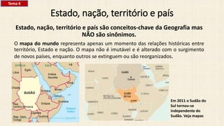 Estado, nação, território e país
Estado, nação, território e país são conceitos-chave da Geografia mas
NÃO são sinônimos.
O mapa do mundo representa apenas um momento das relações históricas entre
território, Estado e nação. O mapa não é imutável e é alterado com o surgimento
de novos países, enquanto outros se extinguem ou são reorganizados.
Em 2011 o Sudão do
Sul tornou-se
independente do
Sudão. Veja mapas
Tema 4
 