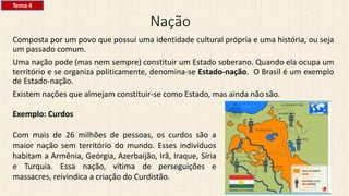 Nação
Composta por um povo que possui uma identidade cultural própria e uma história, ou seja
um passado comum.
Uma nação pode (mas nem sempre) constituir um Estado soberano. Quando ela ocupa um
território e se organiza politicamente, denomina-se Estado-nação. O Brasil é um exemplo
de Estado-nação.
Existem nações que almejam constituir-se como Estado, mas ainda não são.
Exemplo: Curdos
Com mais de 26 milhões de pessoas, os curdos são a
maior nação sem território do mundo. Esses indivíduos
habitam a Armênia, Geórgia, Azerbaijão, Irã, Iraque, Síria
e Turquia. Essa nação, vítima de perseguições e
massacres, reivindica a criação do Curdistão.
Tema 4
 