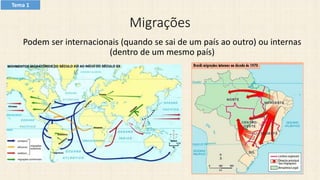 Migrações
Podem ser internacionais (quando se sai de um país ao outro) ou internas
(dentro de um mesmo país)
Tema 1
 