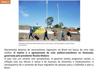 Diariamente dezenas de venezuelanos ingressam no Brasil em busca de uma vida
melhor. O motivo é o agravamento da crise político-econômica na Venezuela,
governada pelo presidente Nicolás Maduro.
O país vive um cenário sem perspectivas. O governo cortou programas sociais, a
inflação está nas alturas e rotina é de escassez de alimentos e medicamentos. A
consequência foi o aumento do fluxo migratório de pessoas para a Colômbia e para o
Brasil.
Tema 2
 
