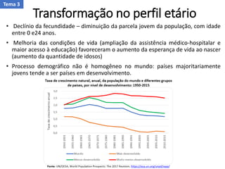 Transformação no perfil etário
• Declínio da fecundidade – diminuição da parcela jovem da população, com idade
entre 0 e24 anos.
• Melhoria das condições de vida (ampliação da assistência médico-hospitalar e
maior acesso à educação) favoreceram o aumento da esperança de vida ao nascer
(aumento da quantidade de idosos)
• Processo demográfico não é homogêneo no mundo: países majoritariamente
jovens tende a ser países em desenvolvimento.
Tema 3
 