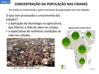 CONCENTRAÇÃO DA POPULAÇÃO NAS CIDADES
O que tem provocado o crescimento das
cidades?
• a aplicação de tecnologia na agricultura,
que liberou a mão de obra no campo,
• a expectativa de melhores condições de
vida nas cidades.
Lagos – Nigéria – População Urbana
Aglomerações urbanas África
Tema 3
Em todos os continentes, parte crescente da população vive nas cidades.
 
