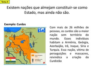 Existem nações que almejam constituir-se como
Estado, mas ainda não são.
Exemplo: Curdos
Com mais de 26 milhões de
pessoas, os curdos são a maior
nação sem território do
mundo. Esses indivíduos
habitam a Armênia, Geórgia,
Azerbaijão, Irã, Iraque, Síria e
Turquia. Essa nação, vítima de
perseguições e massacres,
reivindica a criação do
Curdistão
Tema 4
 