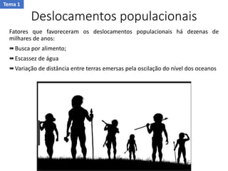Deslocamentos populacionais
Fatores que favoreceram os deslocamentos populacionais há dezenas de
milhares de anos:
Busca por alimento;
Escassez de água
Variação de distância entre terras emersas pela oscilação do nível dos oceanos
Tema 1
 