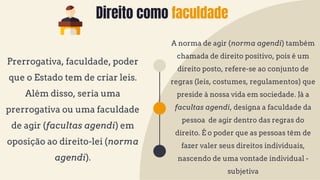 Prerrogativa, faculdade, poder
que o Estado tem de criar leis.
Além disso, seria uma
prerrogativa ou uma faculdade
de agir (facultas agendi) em
oposição ao direito-lei (norma
agendi).
A norma de agir (norma agendi) também
chamada de direito positivo, pois é um
direito posto, refere-se ao conjunto de
regras (leis, costumes, regulamentos) que
preside à nossa vida em sociedade. Já a
facultas agendi, designa a faculdade da
pessoa de agir dentro das regras do
direito. É o poder que as pessoas têm de
fazer valer seus direitos individuais,
nascendo de uma vontade individual -
subjetiva
Direito como faculdade
 
