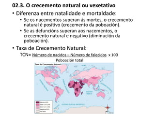02.3. O crecemento natural ou vexetativo
• Diferenza entre natalidade e mortaldade:
• Se os nacementos superan ás mortes, o crecemento
natural é positivo (crecemento da poboación).
• Se as defuncións superan aos nacementos, o
crecemento natural e negativo (diminución da
poboación).
• Taxa de Crecemento Natural:
TCN= Número de nacidos – Número de falecidos x 100
Poboación total
 