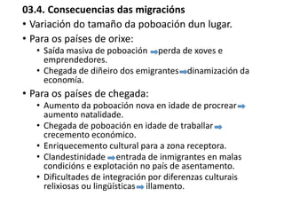 03.4. Consecuencias das migracións
• Variación do tamaño da poboación dun lugar.
• Para os países de orixe:
• Saída masiva de poboación perda de xoves e
emprendedores.
• Chegada de diñeiro dos emigrantes dinamización da
economía.
• Para os países de chegada:
• Aumento da poboación nova en idade de procrear
aumento natalidade.
• Chegada de poboación en idade de traballar
crecemento económico.
• Enriquecemento cultural para a zona receptora.
• Clandestinidade entrada de inmigrantes en malas
condicións e explotación no país de asentamento.
• Dificultades de integración por diferenzas culturais
relixiosas ou lingüísticas illamento.
 