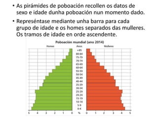 • As pirámides de poboación recollen os datos de
sexo e idade dunha poboación nun momento dado.
• Represéntase mediante unha barra para cada
grupo de idade e os homes separados das mulleres.
Os tramos de idade en orde ascendente.
 