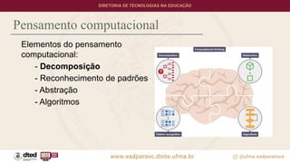 Pensamento computacional
Elementos do pensamento
computacional:
- Decomposição
- Reconhecimento de padrões
- Abstração
- Algoritmos
 