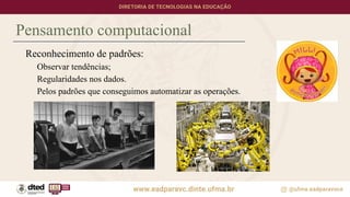 Pensamento computacional
Reconhecimento de padrões:
Observar tendências;
Regularidades nos dados.
Pelos padrões que conseguimos automatizar as operações.
 