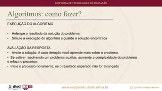 Algoritmos: como fazer?
EXECUÇÃO DO ALGORITMO
• Antecipe o resultado da solução do problema.
• Simule a execução do algoritmo e guarde a solução encontrada
AVALIAÇÃO DA RESPOSTA
• Avalie a solução. A cada iteração você aprende mais sobre o problema.
• Se estiver resolvendo um problema auxiliar, aumente a complexidade do problema
e refaça o processo.
• Inicie o processo novamente, se o resultado esperado não for alcançado
 