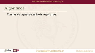 Algoritmos
Formas de representação de algoritmos:
 