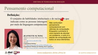 Pensamento computacional
Definição:
O conjunto de habilidades intelectuais e de raciocínio que
indicam como as pessoas interagem e aprendem a pensar
por meio da linguagem computacional. (WING, 2006)
JEANNETTE M. WING
Professor at Carnegie Mellon University / Vice president at Microsoft Research
About:
Link: http://www.cs.cmu.edu/~wing/
Journals:
Computational thinking
Link: https://www.cs.cmu.edu/~15110-s13/Wing06-ct.pdf
Computational Thinking and Thinking About Computing
Link: http://www.cs.cmu.edu/~wing/publications/Wing08a.pdf
Não confundam
pensamento
computacional com
ciências da computação.
Enquanto o primento é
uma maneira de abordar
um problema, o outro é o
estudo da computação em
todos os seus elementos.
 