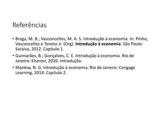 Referências
• Braga, M. B.; Vasconcellos, M. A. S. Introdução à economia. In: Pinho,
Vasconcellos e Toneto Jr. (Org). Introdução à economia. São Paulo:
Saraiva, 2012. Capítulo 1.
• Guimarães, B.; Gonçalves, C. E. Introdução à economia. Rio de
Janeiro: Elsevier, 2010. Introdução.
• Mankiw, N. G. Introdução à economia. Rio de Janeiro: Cengage
Learning, 2014. Capítulo 2.
 