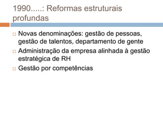 1990.....: Reformas estruturais
profundas
 Novas denominações: gestão de pessoas,
gestão de talentos, departamento de gente
 Administração da empresa alinhada à gestão
estratégica de RH
 Gestão por competências
 