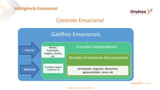 Controle Emocional
Inteligência Emocional
Psicóloga Deborah Correia de Freitas
Gatilhos Emocionais
Internos
Externos
Emoções Desagradáveis
Medos,
frustrações,
magoas, ciúmes,
etc.
Situações, lugares
e pessoas, etc
Reações Emocionais Desnecessária
Ansiedade, angustia, desanimo,
agressividade, raiva, etc
 