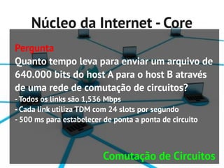 Núcleo da Internet - Core
Pergunta
Quanto tempo leva para enviar um arquivo de
640.000 bits do host A para o host B através
de uma rede de comutação de circuitos?
- Todos os links são 1,536 Mbps
- Cada link utiliza TDM com 24 slots por segundo
- 500 ms para estabelecer de ponta a ponta de circuito



                          Comutação de Circuitos
 