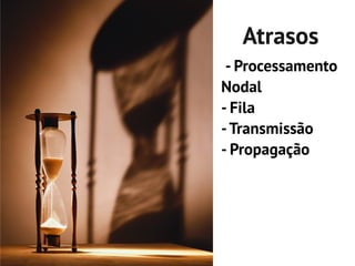 Atrasos
 - Processamento
Nodal
- Fila
- Transmissão
- Propagação
 