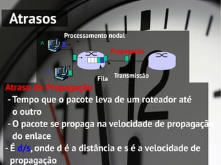 Atrasos
                Processamento nodal
        A
                              Propagação

            B
                          Fila Transmissão
Atraso de Propagação
 - Tempo que o pacote leva de um roteador até
   o outro
 - O pacote se propaga na velocidade de propagação
   do enlace
- É d/s, onde d é a distância e s é a velocidade de
  propagação
 