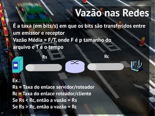 Vazão nas Redes
É a taxa (em bits/s) em que os bits são transferidos entre
um emissor e receptor
Vazão Média = F/T, onde F é p tamanho do
arquivo e T é o tempo
             Rs                         Rc




Ex.:
Rs = Taxa do enlace servidor/roteador
Rc = Taxa do enlace roteador/cliente
Se Rs < Rc, então a vazão = Rs
Se Rs > Rc, então a vazão = Rc
 