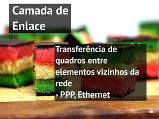 Camada de
Enlace
      Transferência de
      quadros entre
      elementos vizinhos da
      rede
      - PPP, Ethernet
 