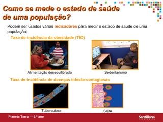 Taxa de incidência da obesidade (TIO) Taxa de incidência de doenças infecto-contagiosas Podem ser usados vários  indicadores  para medir o estado de saúde de uma populaç ão : Tuberculose  SIDA Sedentarismo Planeta Terra — 9.º ano Como se mede o estado de saúde de uma população? Alimentaç ão desequilibrada 