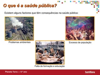 O que é a saúde pública? Existem alguns factores que têm consequências na saúde pública: Problemas ambientais Excesso de população Falta de formação e educação Planeta Terra — 9.º ano 