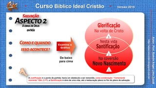 A Justificação é o ponto de partida, havia um obstáculo a ser removido, (uma condenação: “Certamente
morrerás” Gên. 2:17), a Santificação é obra de uma vida, até a restauração plena no fim do plano de salvação.
1
3
2
De baixo
para cima
 