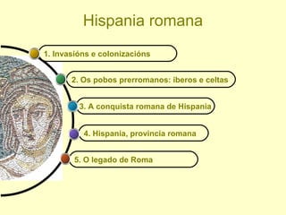 Hispania romana
4. Hispania, provincia romana
3. A conquista romana de Hispania
2. Os pobos prerromanos: iberos e celtas
5. O legado de Roma
1. Invasións e colonizacións
 