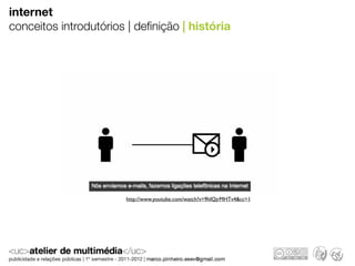 internet
conceitos introdutórios | deﬁnição | história




                       http://www.youtube.com/watch?v=9hIQjrMHTv4&cc=1
 