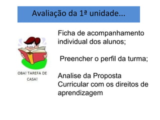 Avaliação da 1ª unidade...

       Ficha de acompanhamento
       individual dos alunos;

       Preencher o perfil da turma;

       Analise da Proposta
       Curricular com os direitos de
       aprendizagem
 