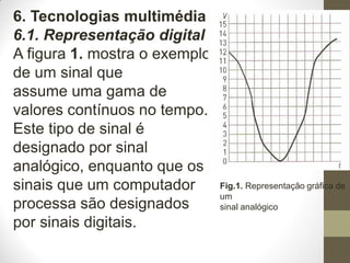 6. Tecnologias multimédia
6.1. Representação digital
A figura 1. mostra o exemplo
de um sinal que
assume uma gama de
valores contínuos no tempo.
Este tipo de sinal é
designado por sinal
analógico, enquanto que os
sinais que um computador
processa são designados
por sinais digitais.
Fig.1. Representação gráfica de
um
sinal analógico
 