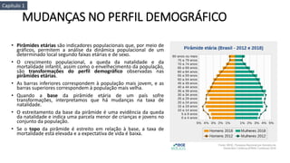 MUDANÇAS NO PERFIL DEMOGRÁFICO
• Pirâmides etárias são indicadores populacionais que, por meio de
gráficos, permitem a análise da dinâmica populacional de um
determinado local segundo faixas etárias e de sexo.
• O crescimento populacional, a queda da natalidade e da
mortalidade infantil, assim como o envelhecimento da população,
são transformações do perfil demográfico observadas nas
pirâmides etárias.
• As barras inferiores correspondem à população mais jovem, e as
barras superiores correspondem à população mais velha.
• Quando a base da pirâmide etária de um país sofre
transformações, interpretamos que há mudanças na taxa de
natalidade.
• O estreitamento da base da pirâmide é uma evidência da queda
da natalidade e indica uma parcela menor de crianças e jovens no
conjunto da população.
• Se o topo da pirâmide é estreito em relação à base, a taxa de
mortalidade está elevada e a expectativa de vida é baixa.
Capítulo 1
 