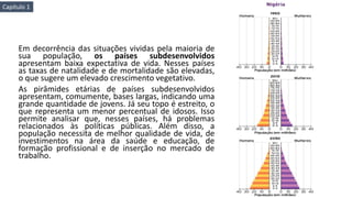 Em decorrência das situações vividas pela maioria de
sua população, os países subdesenvolvidos
apresentam baixa expectativa de vida. Nesses países
as taxas de natalidade e de mortalidade são elevadas,
o que sugere um elevado crescimento vegetativo.
As pirâmides etárias de países subdesenvolvidos
apresentam, comumente, bases largas, indicando uma
grande quantidade de jovens. Já seu topo é estreito, o
que representa um menor percentual de idosos. Isso
permite analisar que, nesses países, há problemas
relacionados às políticas públicas. Além disso, a
população necessita de melhor qualidade de vida, de
investimentos na área da saúde e educação, de
formação profissional e de inserção no mercado de
trabalho.
Capítulo 1
 