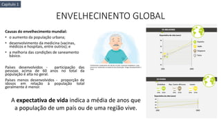 ENVELHECINENTO GLOBAL
Causas do envelhecimento mundial:
• o aumento da população urbana;
• desenvolvimento da medicina (vacinas,
médicos e hospitais, entre outros); e
• a melhoria das condições de saneamento
básico.
Países desenvolvidos - participação das
pessoas acima de 60 anos no total da
população é alta no geral.
Países menos desenvolvidos - proporção de
idosos em relação à população total
geralmente é menor.
Conhecendo a expectativa de vida de um país, é possível estabelecer o que
precisa ser melhorado na saúde do local (Ilustração: Thiago Almeida/SAÚDE é
Vital)
A expectativa de vida indica a média de anos que
a população de um país ou de uma região vive.
Capítulo 1
 