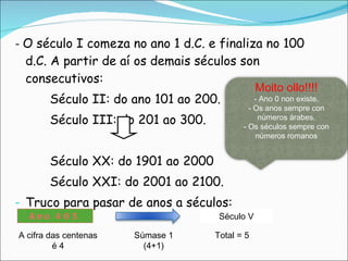 -  O século I comeza no ano 1 d.C. e finaliza no 100 d.C. A partir de aí os demais séculos son consecutivos: Século II: do ano 101 ao 200. Século III:  do 201 ao 300. Século XX:  do 1901 ao 2000 Século XXI:  do 2001 ao 2100. Truco para pasar de anos a séculos: Ano 405 A cifra das centenas é 4 Súmase 1 (4+1) Século V Total = 5 Moito ollo!!!! - Ano 0 non existe. - Os anos sempre con números árabes. - Os séculos sempre con números romanos 