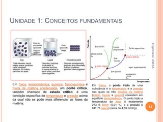 UNIDADE 1: CONCEITOS FUNDAMENTAIS
13
Em física, termodinâmica, química, físico-química e
física da matéria condensada, um ponto crítico,
também chamado de estado crítico, é uma
condição específica de temperatura e pressão acima
da qual não se pode mais diferenciar as fases da
matéria.
Em Física, o ponto triplo de uma
substância é a temperatura e a pressão
nas quais os três estados da matéria
(sólido, líquido e gasoso) coexistem em
equilíbrio termodinâmico. O ponto triplo a
temperatura da água é exatamente
273,16 kelvin (0,01 °C) e a pressão é
611,73 pascal (cerca de 4,59 mmHg).
Engenharia/UNESA
 
