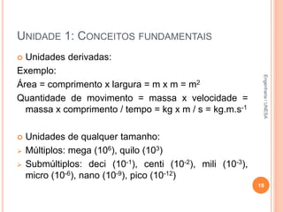 UNIDADE 1: CONCEITOS FUNDAMENTAIS
 Unidades derivadas:
Exemplo:
Área = comprimento x largura = m x m = m2
Quantidade de movimento = massa x velocidade =
massa x comprimento / tempo = kg x m / s = kg.m.s-1
 Unidades de qualquer tamanho:
 Múltiplos: mega (106), quilo (103)
 Submúltiplos: deci (10-1), centi (10-2), mili (10-3),
micro (10-6), nano (10-9), pico (10-12)
19
Engenharia/UNESA
 
