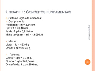 UNIDADE 1: CONCEITOS FUNDAMENTAIS
 Sistema inglês de unidades:
 Comprimento:
Polegada: 1 in = 2,54 cm
Pé: 1 ft = 30,48 cm
Jarda: 1 yd = 0,9144 m
Milha terrestre: 1 mi = 1,609 km
 Massa:
Libra: 1 lb = 453,6 g
Onça: 1 oz = 28,35 g
 Volume:
Galão: 1 gal = 3,785 L
Quarto: 1 qt = 946,34 mL
Onça-fluida: 1 oz = 29,6 mL
21
Engenharia/UNESA
 