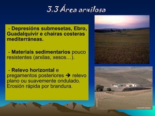 3.3 Área arxilosa -  Depresións submesetas, Ebro, Guadalquivir e chairas costeras mediterráneas. -  Materiais sedimentarios  pouco resistentes (arxilas, xesos…). -  Relevo horizontal  e   pregamentos posteriores     relevo plano ou suavemente ondulado. Erosión rápida por brandura. 