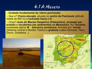 4.1 A Meseta -  Unidade fundamental do relevo peninsular. -  Que e?   Chaira elevada , situada no  centro da Península  (altitude media de 600 m) e  inclinada hacia o O. -  Orixe?   resto do Macizo Hespérico (Paleozoico) ,  arrasado por erosión  e  recubertos por sedimentos no Mesozoico . No  Terciario , oroxénese alpina   estrutura xermánica,  formada por:  horsts  (Sistema central e Montes Toledo) e  grabens  (vales interiores: Texo, Douro, Guadiana...) 