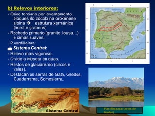 b) Relevos interiores:   - Orixe terciario por levantamento bloques do zócolo na oroxénese alpina   estrutura xermánica (horst e grabens) - Rochedo primario (granito, lousa…) e cimas suaves. - 2 cordilleiras:     Sistema Central:  -  Relevo máis vigoroso. - Divide a Meseta en dúas. - Restos de glaciarismo (circos e vales). - Destacan as serras de Gata, Gredos, Guadarrama, Somosierra... Pico Almanzor (serra de Gredos) 