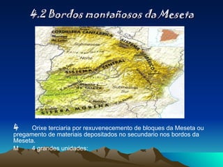 4.2 Bordos montañosos da Meseta  Orixe terciaria por rexuvenecemento de bloques da Meseta ou pregamento de materiais depositados no secundario nos bordos da Meseta.    4 grandes unidades: 