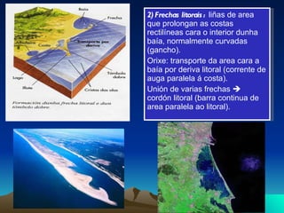 2) Frechas litorais :  liñas de area que prolongan as costas rectilíneas cara o interior dunha baía, normalmente curvadas (gancho).  Orixe: transporte da area cara a baía por deriva litoral (corrente de auga paralela á costa).  Unión de varias frechas    cordón litoral (barra continua de area paralela ao litoral).  