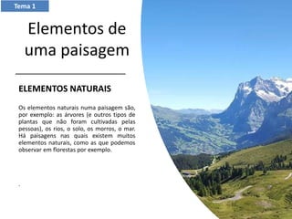 Elementos de
uma paisagem
ELEMENTOS NATURAIS
Os elementos naturais numa paisagem são,
por exemplo: as árvores (e outros tipos de
plantas que não foram cultivadas pelas
pessoas), os rios, o solo, os morros, o mar.
Há paisagens nas quais existem muitos
elementos naturais, como as que podemos
observar em florestas por exemplo.
.
Tema 1
 