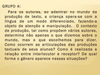 GRUPO 4:
Para os autores, ao adentrar no mundo da
produção de texto, a criança opera-se com a
língua de um modo diferenciado, fazendo-a
objeto de atenção e manipulação. O contexto
de produção, tal como propõem vários autores,
determina não apenas o que dizemos sobre o
mundo, mas o que escolhemos para dizer.
Como ocorrem as ar ticulações das produções
textuais de seus alunos? Como é realizada a
relação entre interlocutor e receptor? De qual
forma o gênero aparece nessas situações?

 