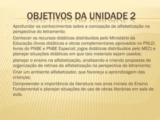 









Aprofundar os conhecimentos sobre a concepção de alfabetização na
perspectiva do letramento;
Conhecer os recursos didáticos distribuídos pelo Ministério da
Educação (livros didáticos e obras complementares aprovados no PNLD;
livros do PNBE e PNBE Especial; jogos didáticos distribuídos pelo MEC) e
planejar situações didáticas em que tais materiais sejam usados;
planejar o ensino na alfabetização, analisando e criando propostas de
organização de rotinas da alfabetização na perspectiva do letramento;
Criar um ambiente alfabetizador, que favoreça a aprendizagem das
crianças;
Compreender a importância da literatura nos anos iniciais do Ensino
Fundamental e planejar situações de uso de obras literárias em sala de
aula.

 