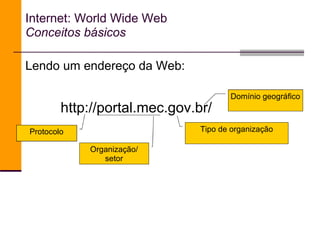Lendo um endereço da Web:  Organização/ setor Tipo de organização Domínio geográfico Protocolo http://portal.mec.gov.br/ Internet: World Wide Web Conceitos básicos 