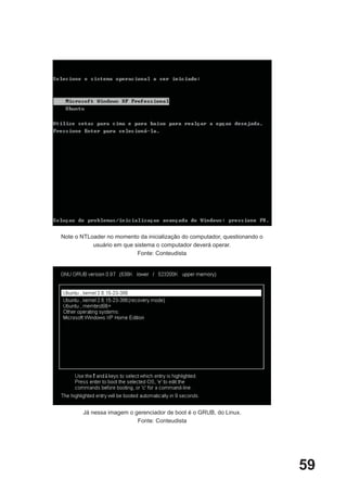 Note o NTLoader no momento da inicialização do computador, questionando o
           usuário em que sistema o computador deverá operar.
                           Fonte: Conteudista




        Já nessa imagem o gerenciador de boot é o GRUB, do Linux.
                           Fonte: Conteudista




                                                                            59
 