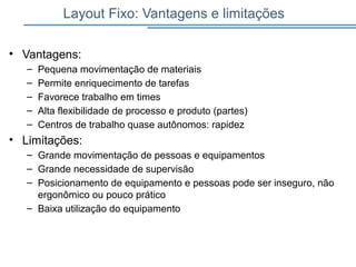 Layout Fixo: Vantagens e limitações
• Vantagens:
– Pequena movimentação de materiais
– Permite enriquecimento de tarefas
– Favorece trabalho em times
– Alta flexibilidade de processo e produto (partes)
– Centros de trabalho quase autônomos: rapidez
• Limitações:
– Grande movimentação de pessoas e equipamentos
– Grande necessidade de supervisão
– Posicionamento de equipamento e pessoas pode ser inseguro, não
ergonômico ou pouco prático
– Baixa utilização do equipamento
 